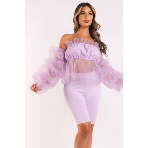 Women's Sexy Organza Sleeve Detailed Top and Matching Shorts 2 Piece Set holiday - Picture 3 of 12